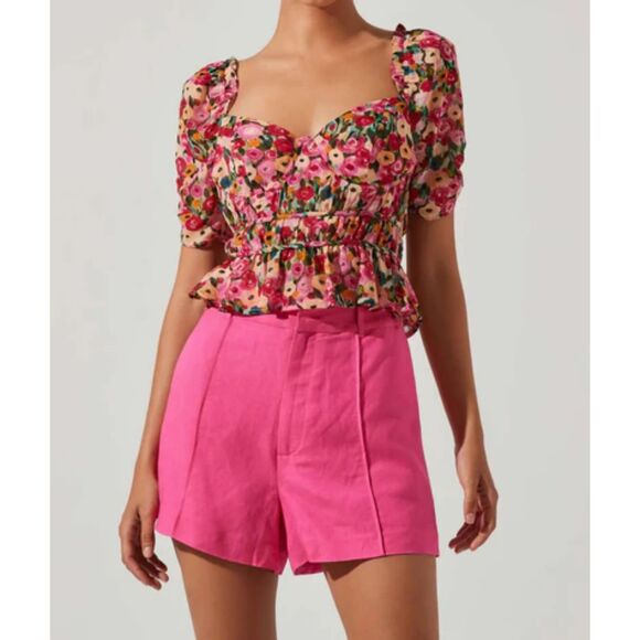 ASTR The Label Floral Sweetheart Puff Sleeve Peplum Top | Size S - Picture 1 of 7